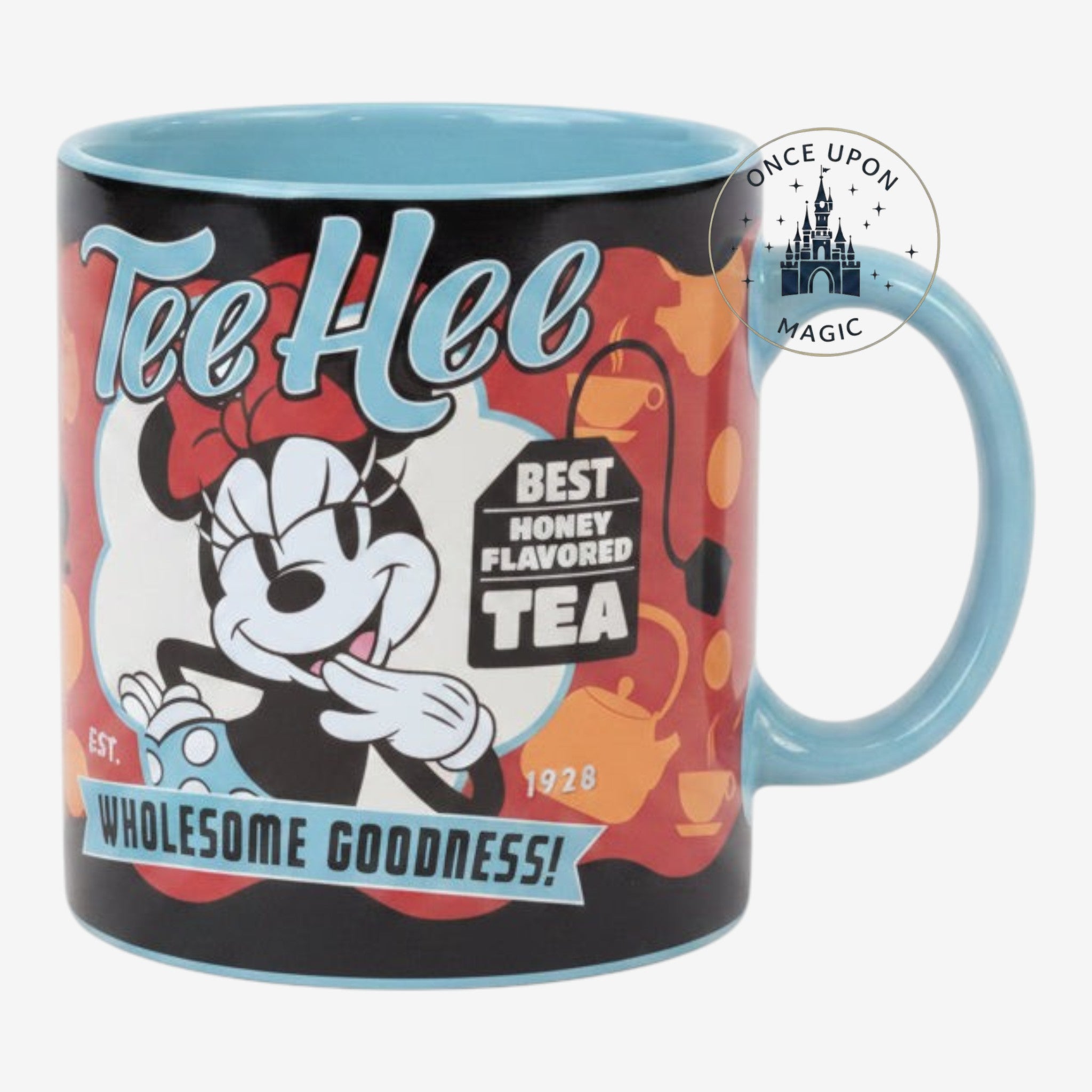 Once Upon Magic ceramic Minnie Mouse mug with retro Tee Hee graphic, warm orange and red tones, and light blue handle.