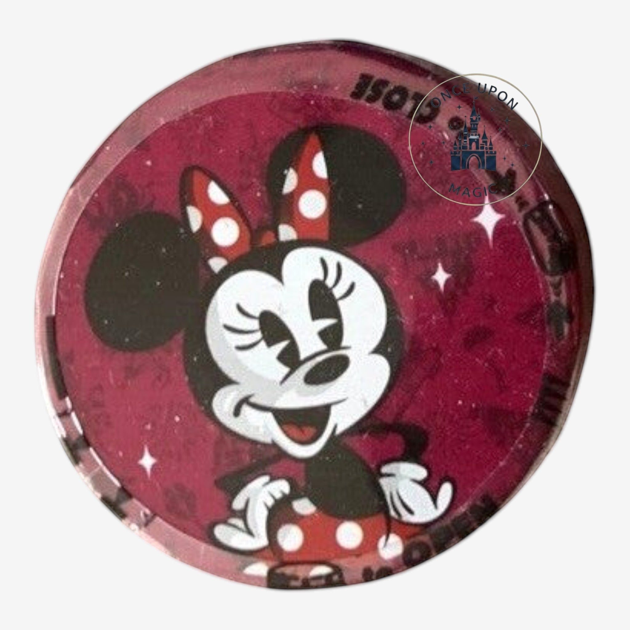 Once Upon Magic Minnie Mouse Disneyland Paris clic clac candy tin with red polka dot bow and dress.
