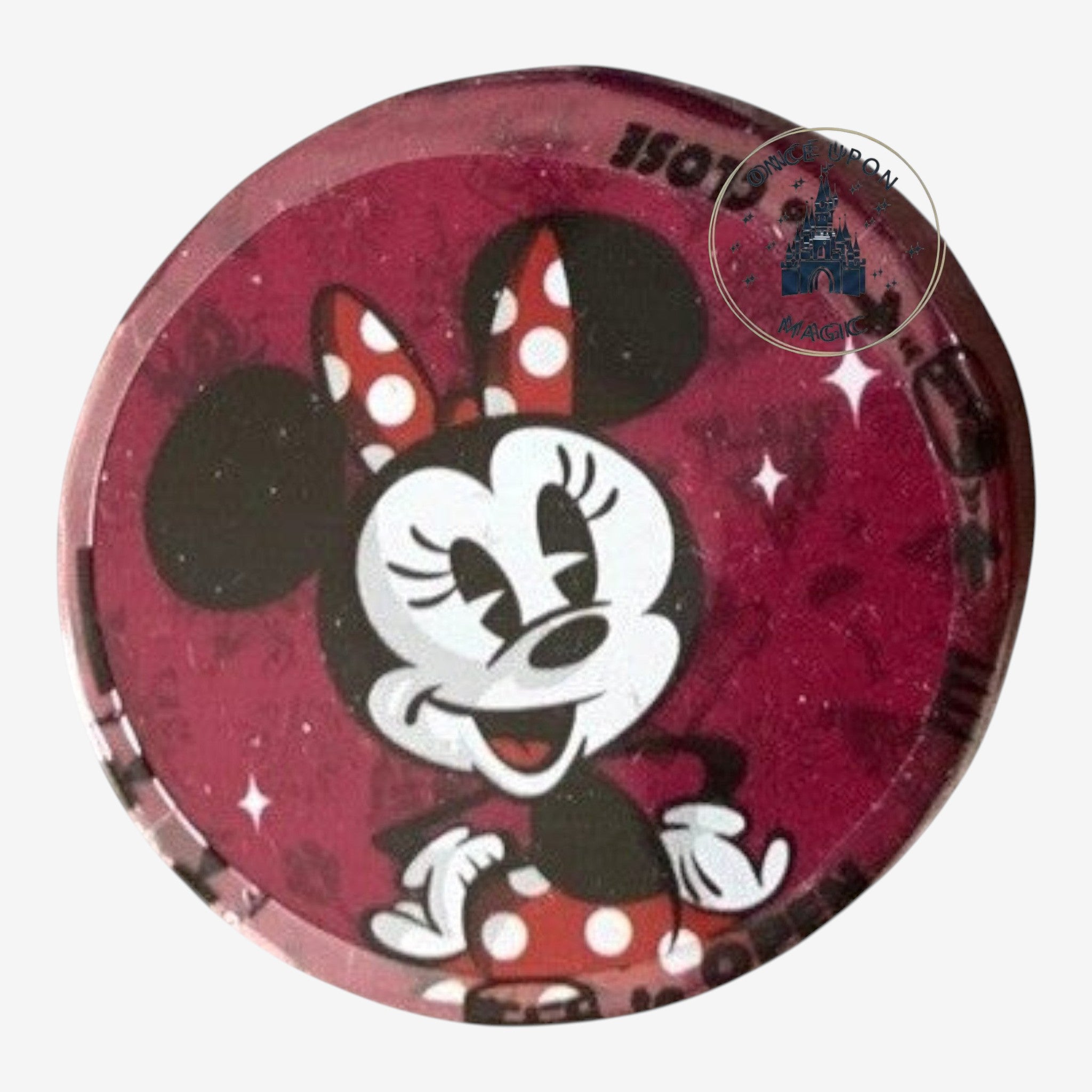 Once Upon Magic Minnie Mouse Disneyland Paris clic clac candy tin with red polka dot bow and dress.