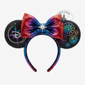 Once Upon Magic Minnie Mouse ears headband with a sparkling multicolored sequin bow and Disney Adventure World icons.