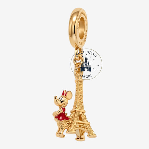 Once Upon Magic Disney x Pandora 14k gold-plated Minnie Mouse and Eiffel Tower charm pendant with red enamel details.