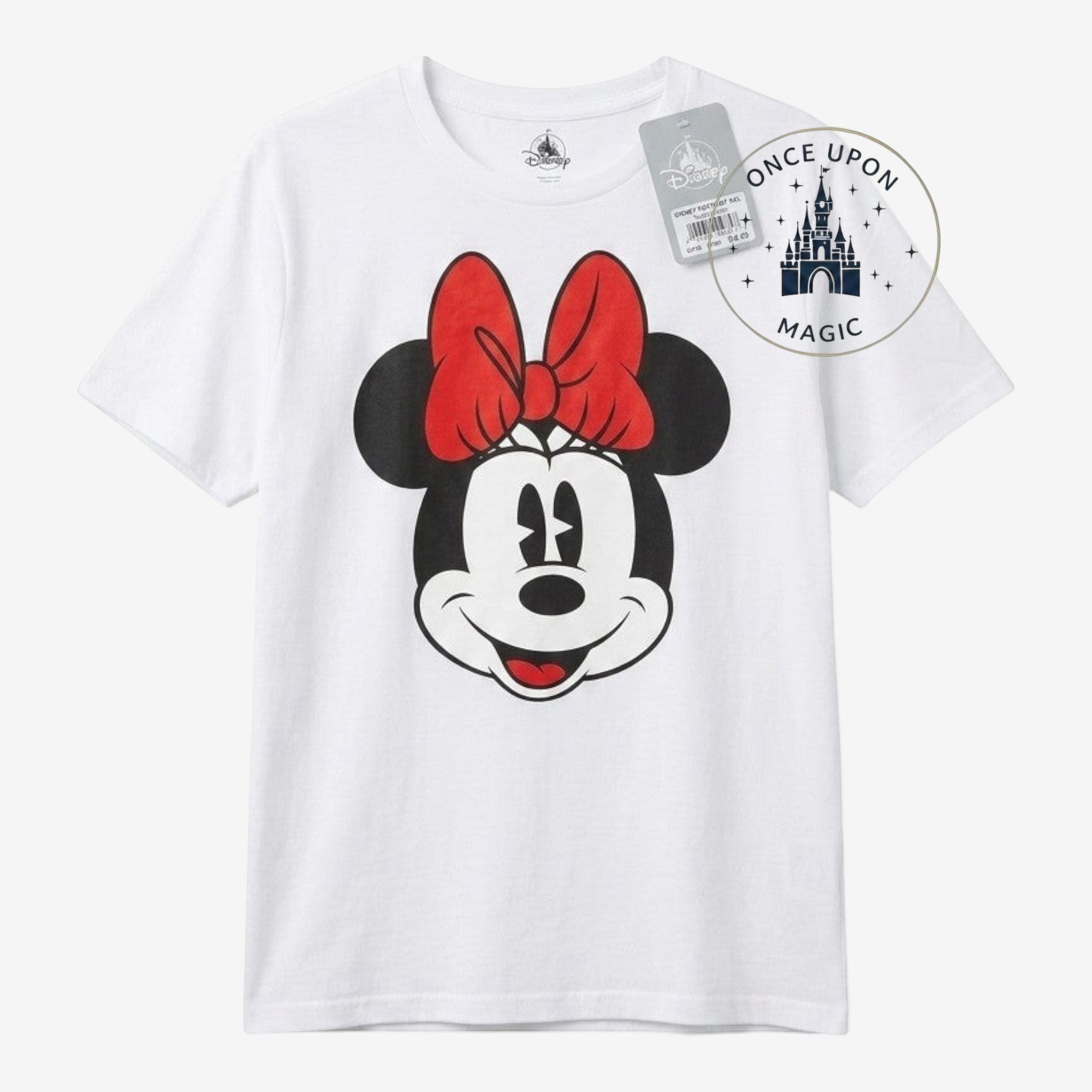 Once Upon Magic white cotton t-shirt with a graphic of Minnie Mouse's face and a red bow.