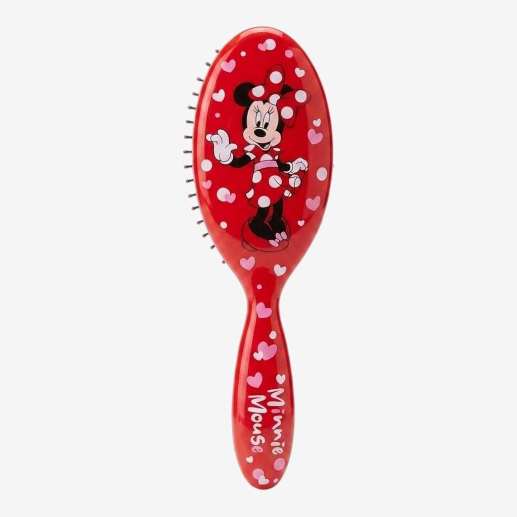 Once Upon Magic red hair brush with Minnie Mouse graphic and pink hearts. Features Minnie in her classic polka dot dress.