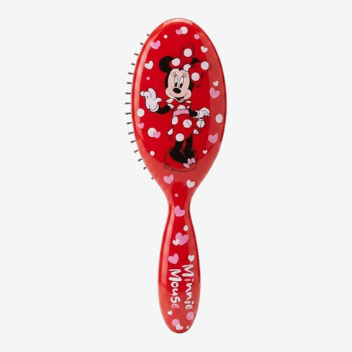 Once Upon Magic red hair brush with Minnie Mouse graphic and pink hearts. Features Minnie in her classic polka dot dress.