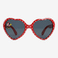 Once Upon Magic red heart-shaped sunglasses with white polka dots and a Minnie Mouse charm. UV protection.