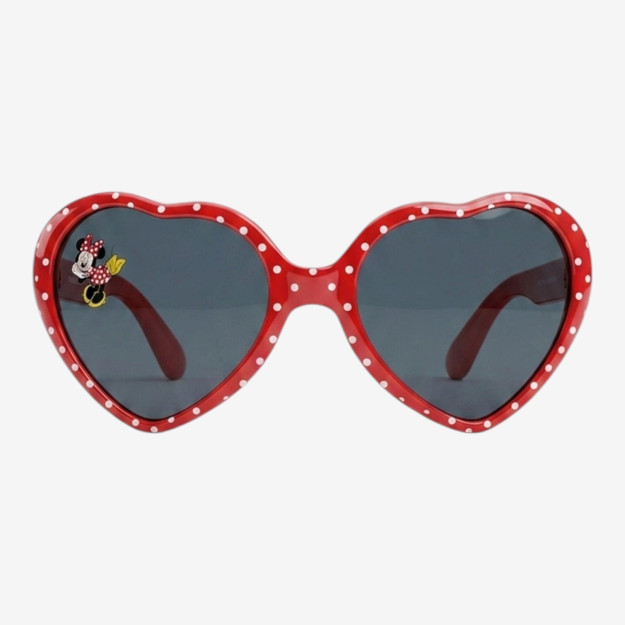 Once Upon Magic red heart-shaped sunglasses with white polka dots and a Minnie Mouse charm. UV protection.