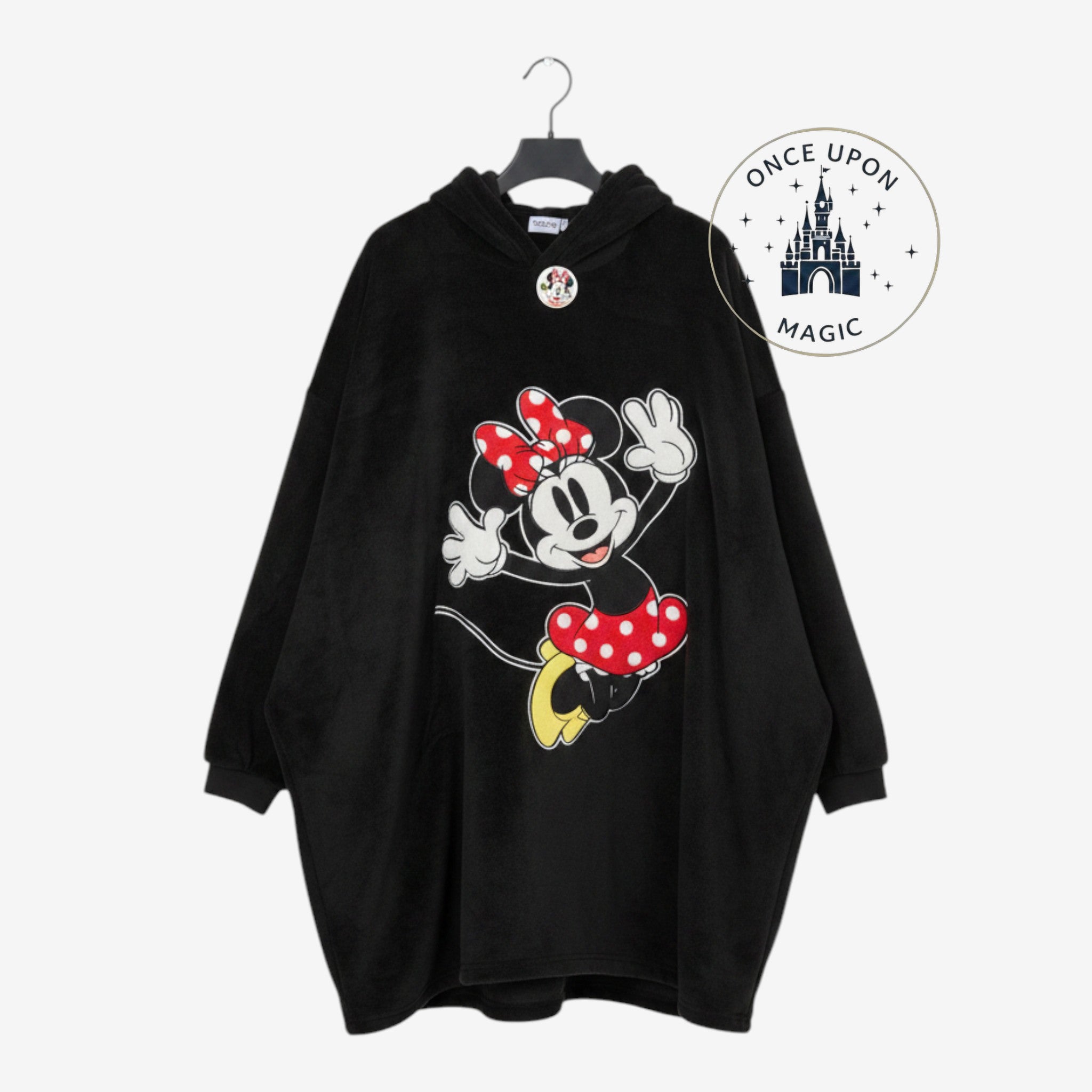 Once Upon Magic black oversized lounge hoodie featuring a vibrant Minnie Mouse graphic and cozy hood