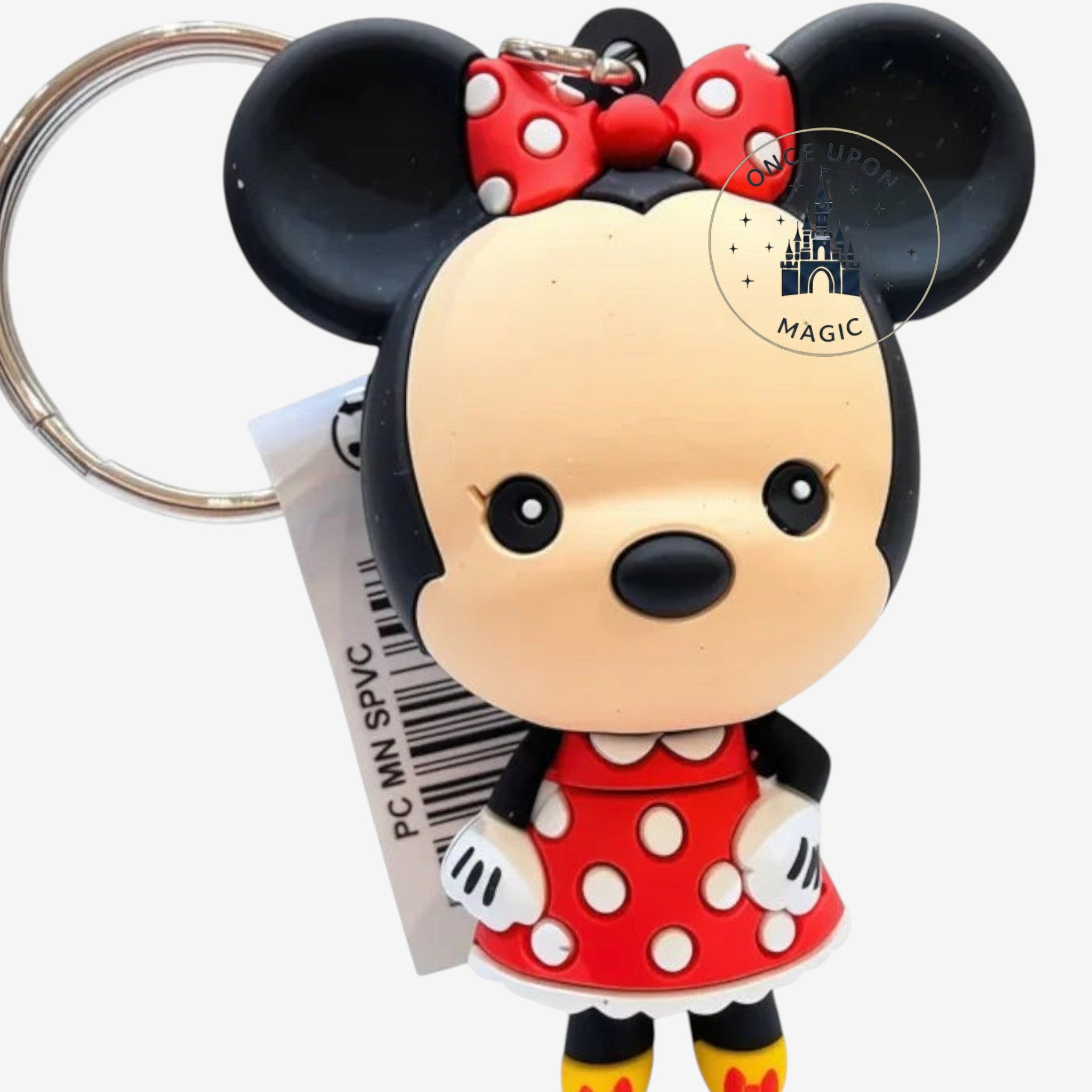 Once Upon Magic Minnie Mouse 3D keychain in soft PVC, featuring her iconic red polka dot dress and bow. Includes silver clasp.