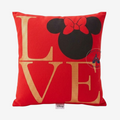 Once Upon Magic red decorative throw pillow with gold "LOVE" lettering and Minnie Mouse silhouette.