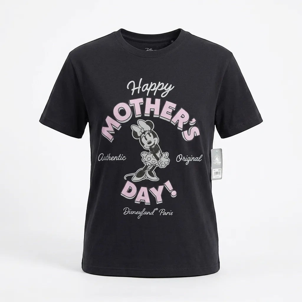 Once Upon Magic black cotton t-shirt with Minnie Mouse graphic and "Happy Mother's Day" text.