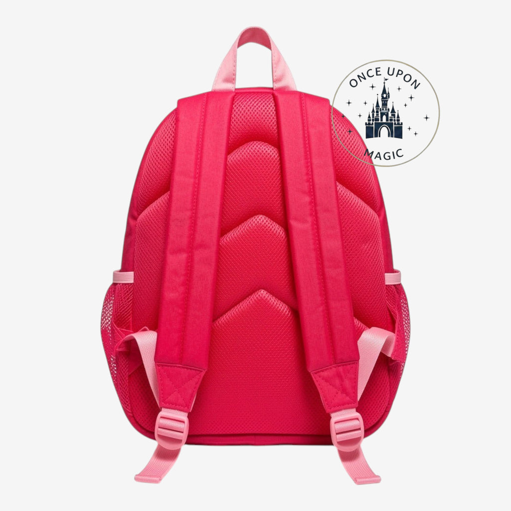 Once Upon Magic pink Minnie Mouse Paris backpack with padded straps and mesh side pockets, ideal for Disneyland Paris.