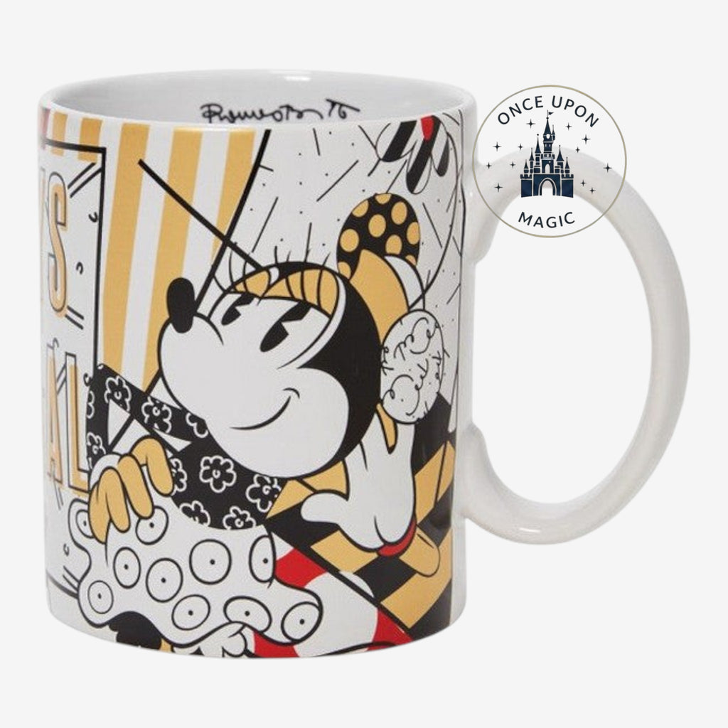Once Upon Magic Mug Brito featuring a vibrant pop art style illustration of Minnie Mouse with yellow and black accents.