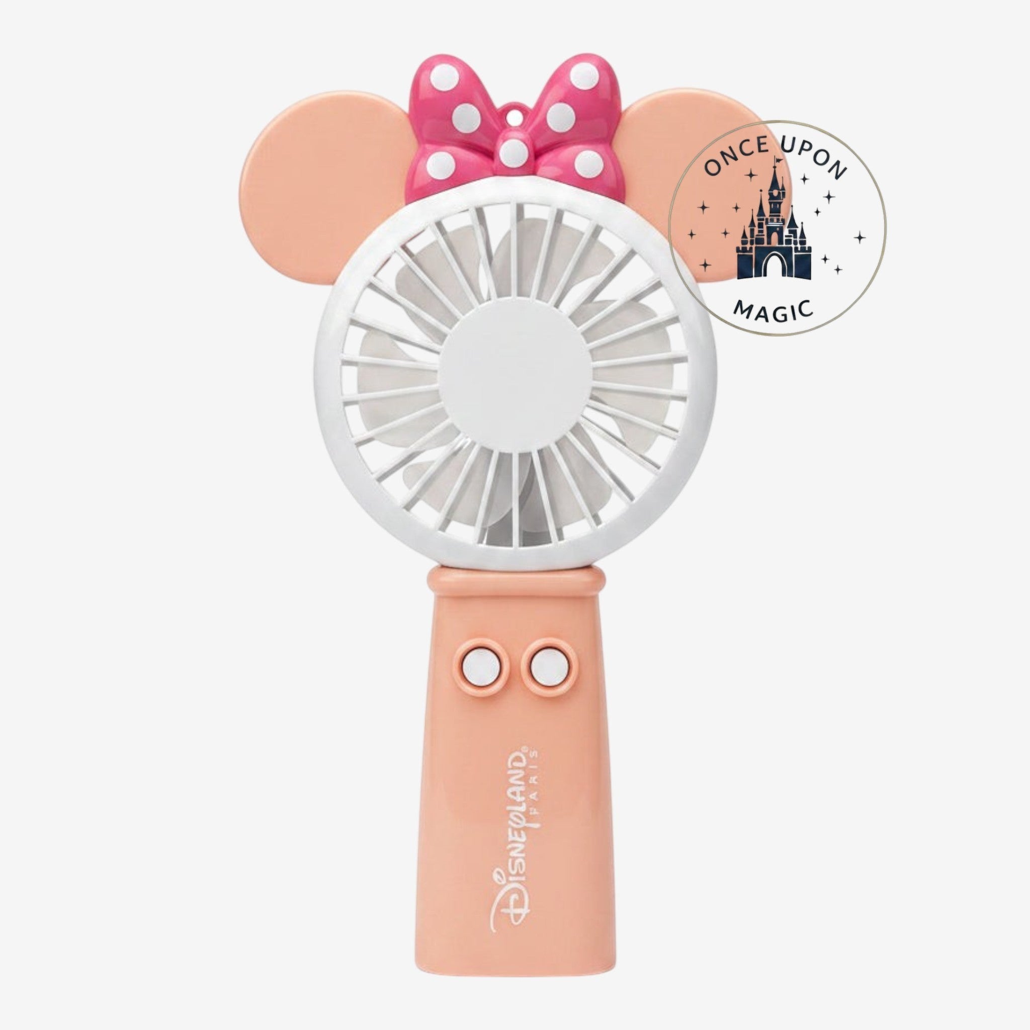 Once Upon Magic portable Minnie Mouse fan in peach pink with iconic ears and a pink polka dot bow, Disneyland Paris.