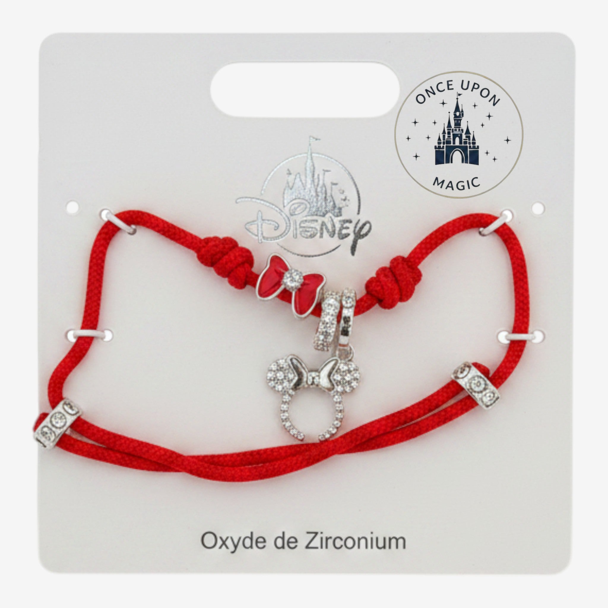 Once Upon Magic Minnie Mouse charm bracelet with red cord, red bow, and crystal-embellished Minnie ears charm.
