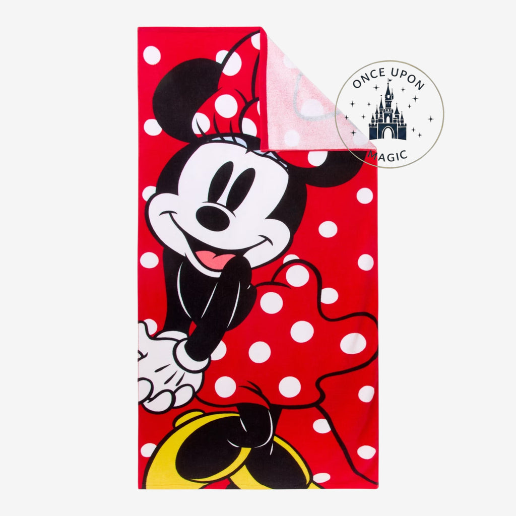 Once Upon Magic red Minnie Mouse bath towel with white polka dots and iconic character design from Disneyland Paris.