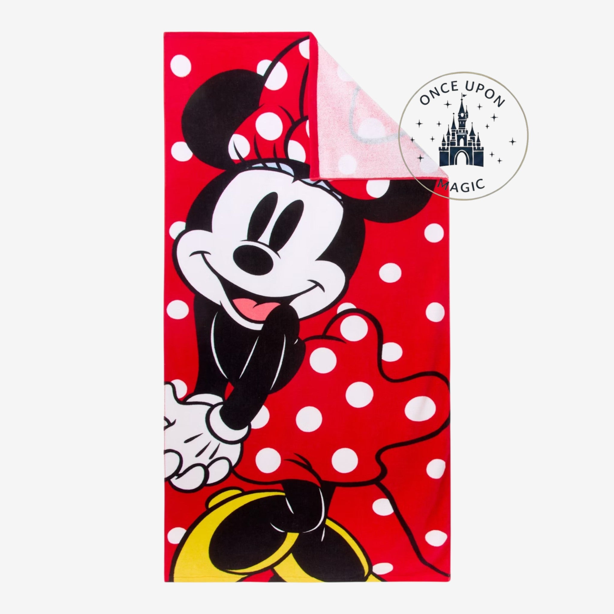 Once Upon Magic red Minnie Mouse bath towel with white polka dots and iconic character design from Disneyland Paris.