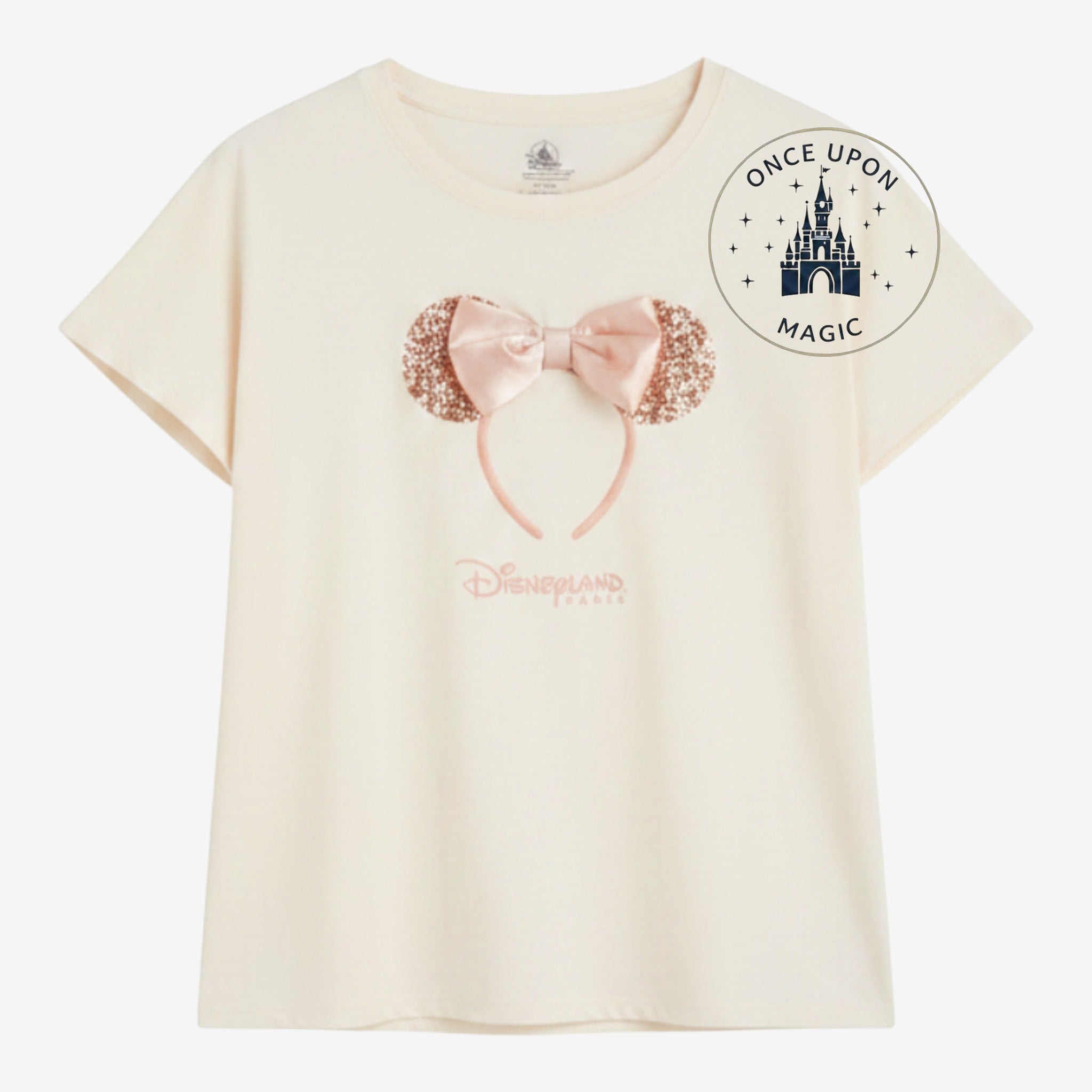 Once Upon Magic beige ecru Minnie Mouse t-shirt with powder pink sequin ears and satin bow from Disneyland Paris