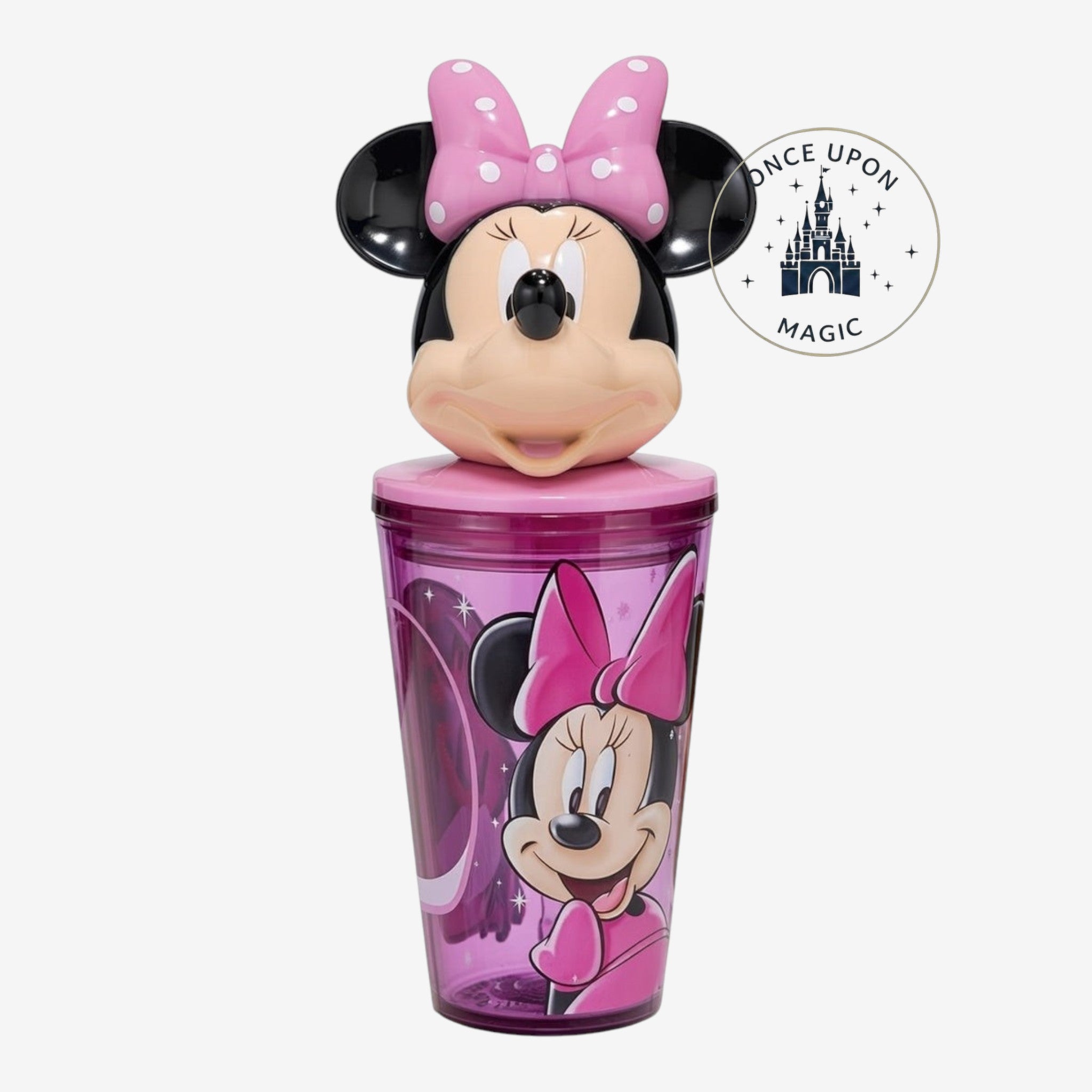 Once Upon Magic Minnie Mouse tumbler with straw, featuring a pink and purple design and 3D Minnie lid topper.