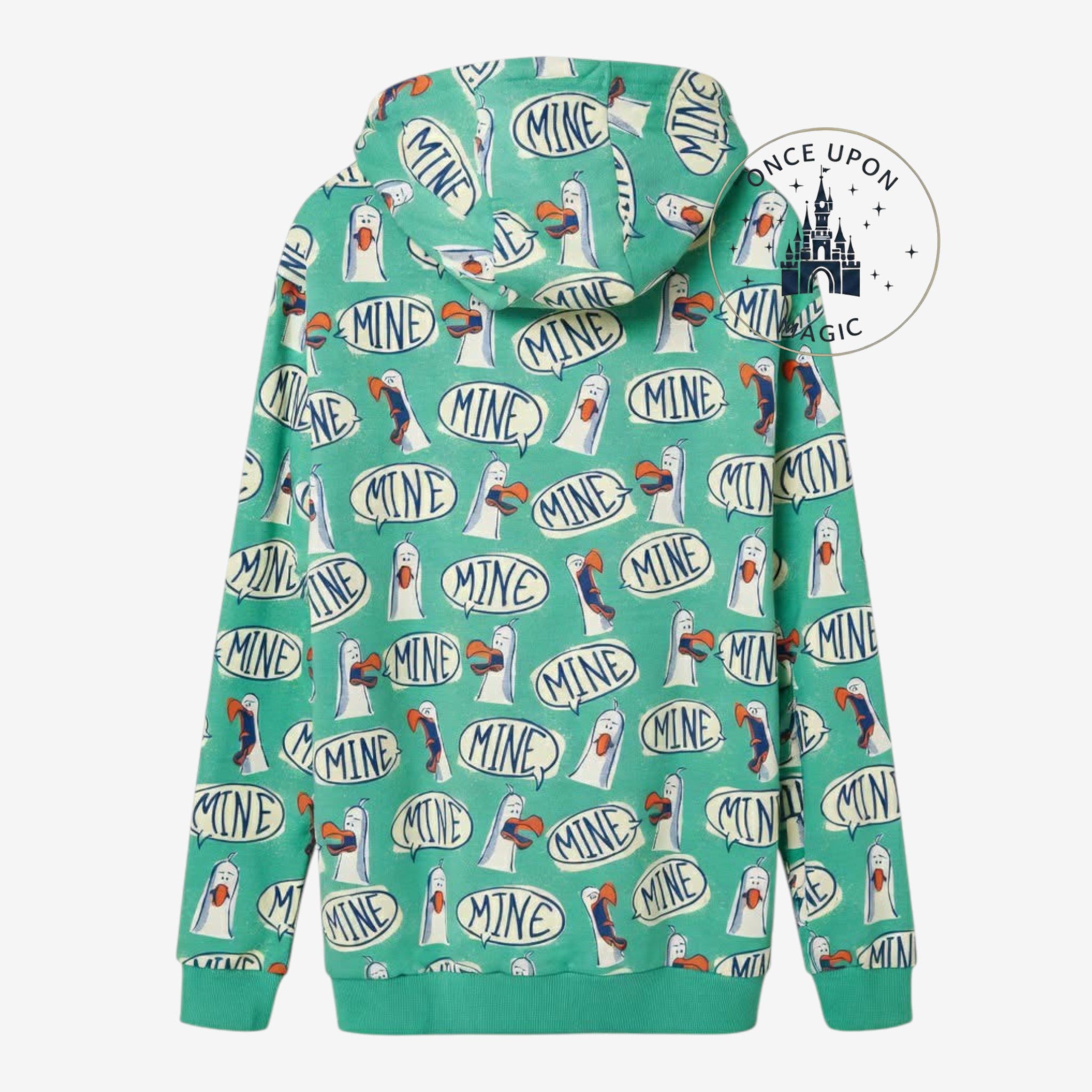 Once Upon Magic mint green hoodie featuring an all-over print of Finding Nemo seagulls saying MINE in speech bubbles