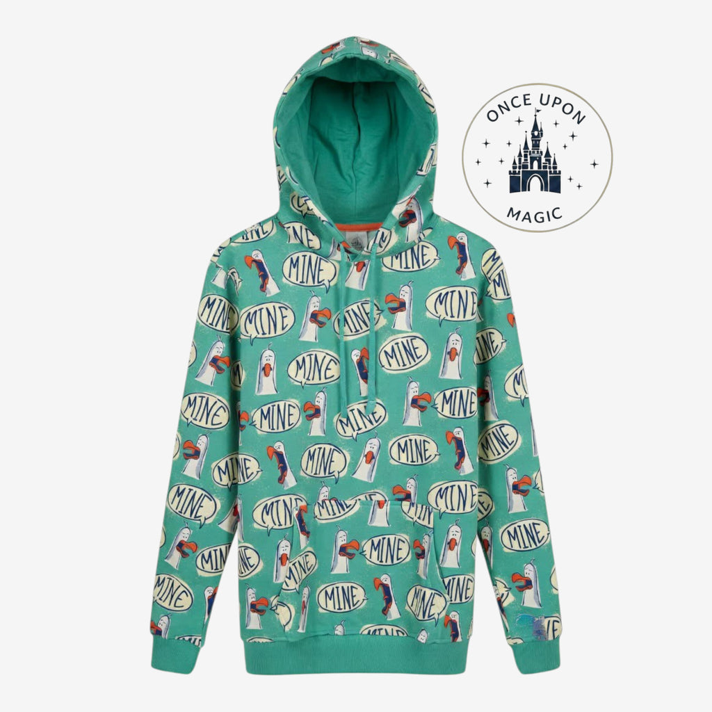 Once Upon Magic mint green hoodie featuring an all-over print of Finding Nemo seagulls saying MINE in speech bubbles.