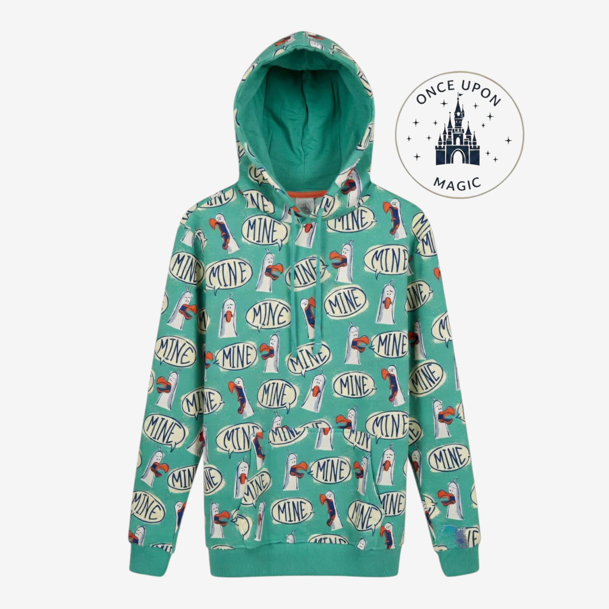 Once Upon Magic mint green hoodie featuring an all-over print of Finding Nemo seagulls saying MINE in speech bubbles.