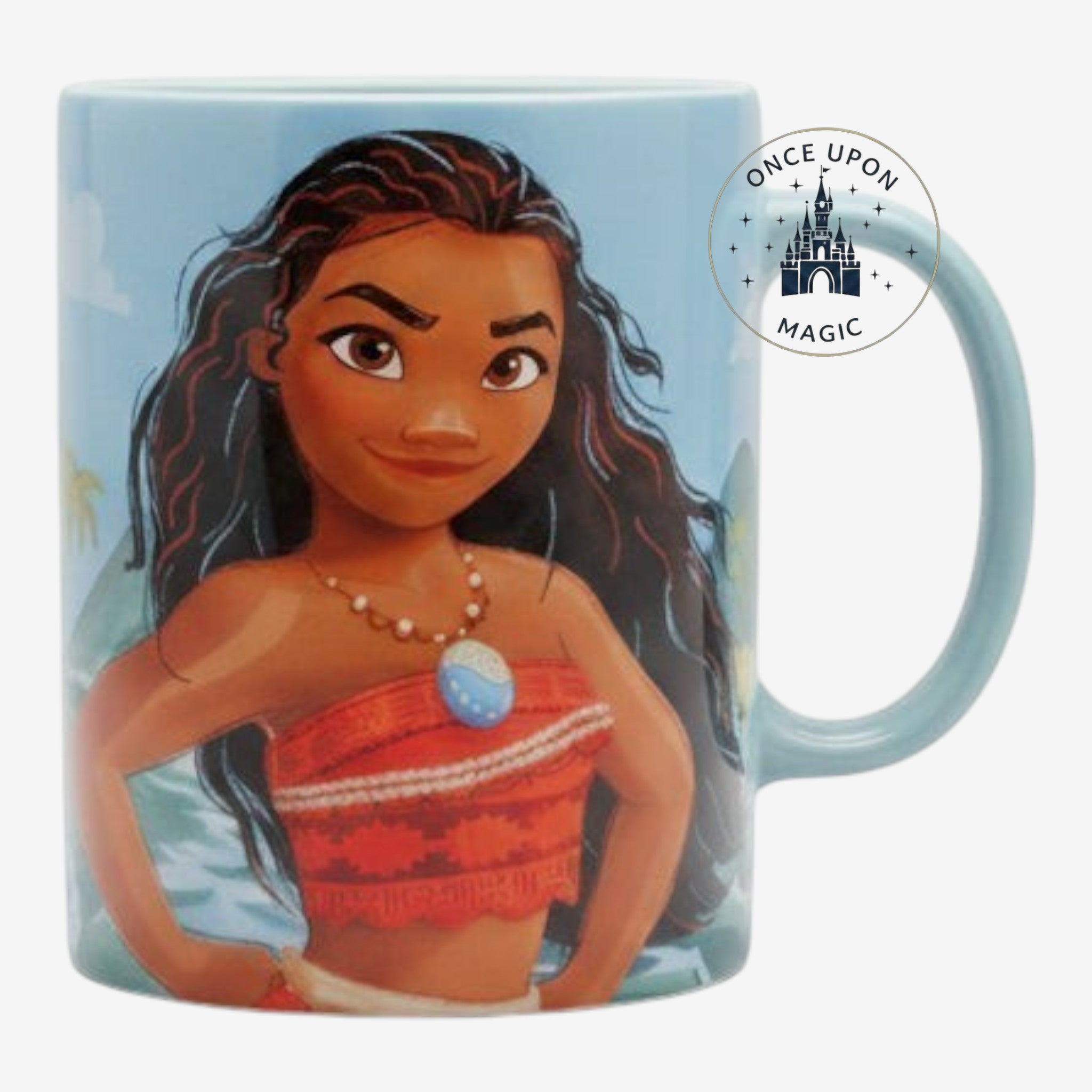 Once Upon Magic ceramic coffee mug featuring Moana character artwork on a tropical blue background