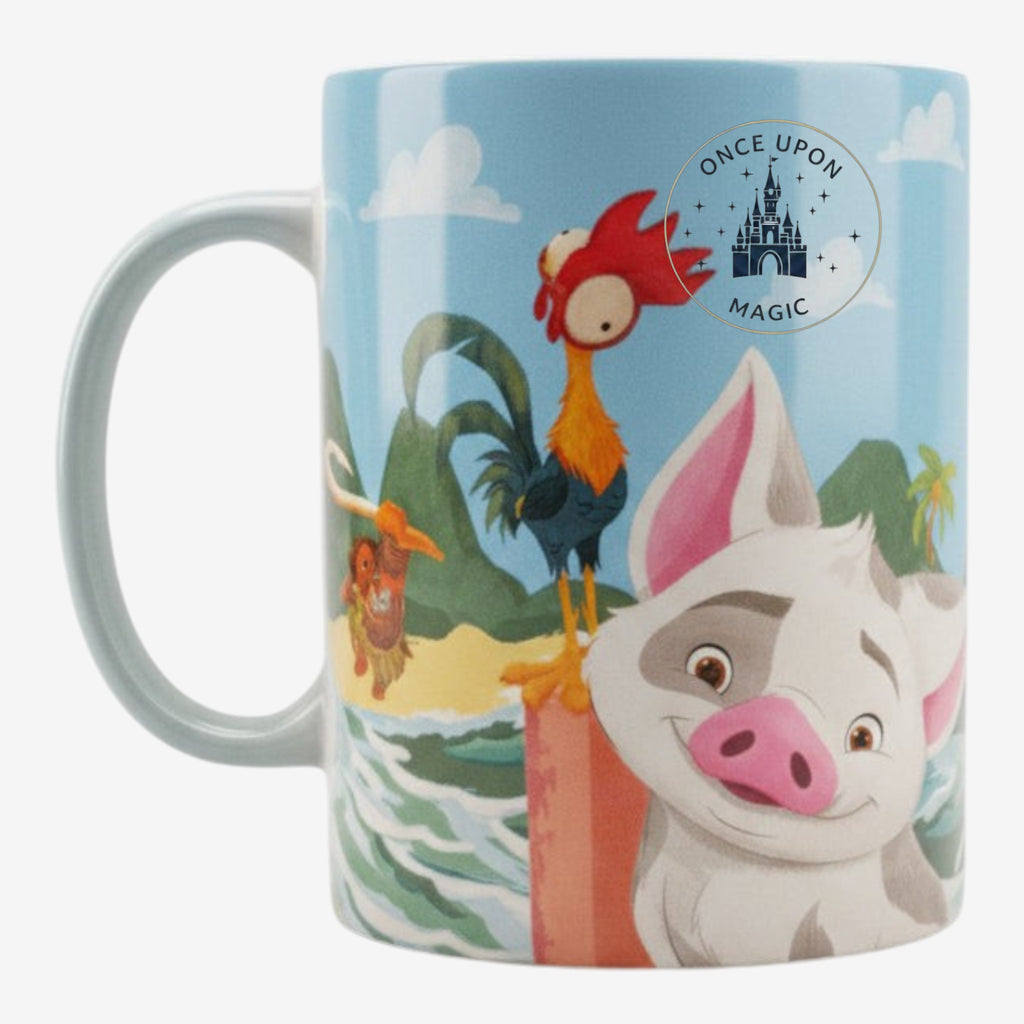 Once Upon Magic Moana ceramic mug featuring Pua and Hei Hei on a tropical blue background with an ergonomic handle.