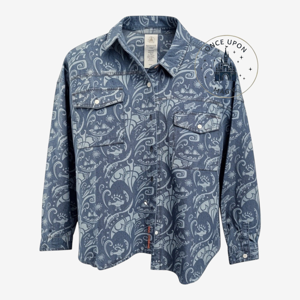 Once Upon Magic blue denim button-down shirt featuring a white Moana-inspired tribal print and two chest pockets.