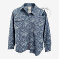 Once Upon Magic blue denim button-down shirt featuring a white Moana-inspired tribal print and two chest pockets.