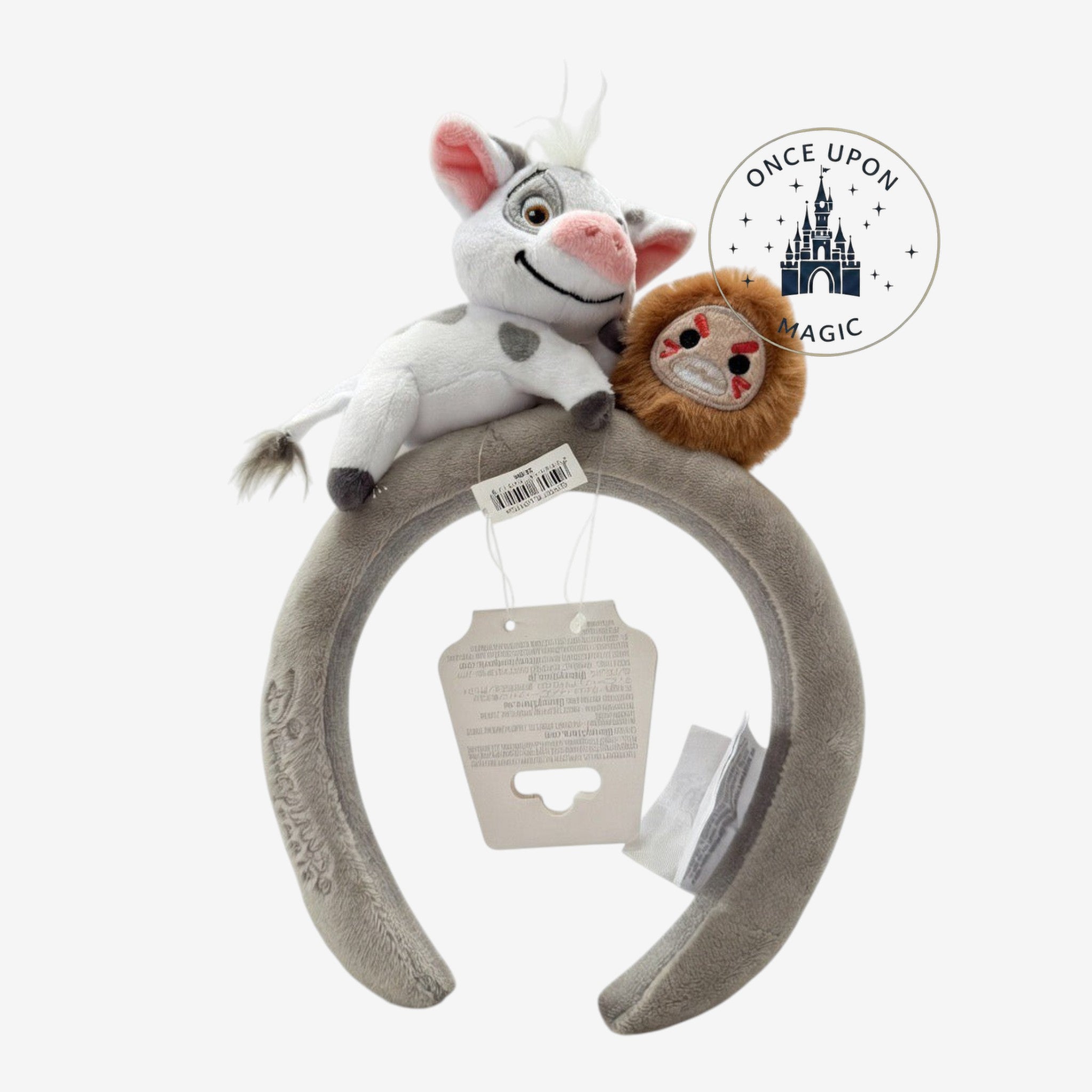 Once Upon Magic grey plush headband featuring Pua the pig and a Kakamora from Moana