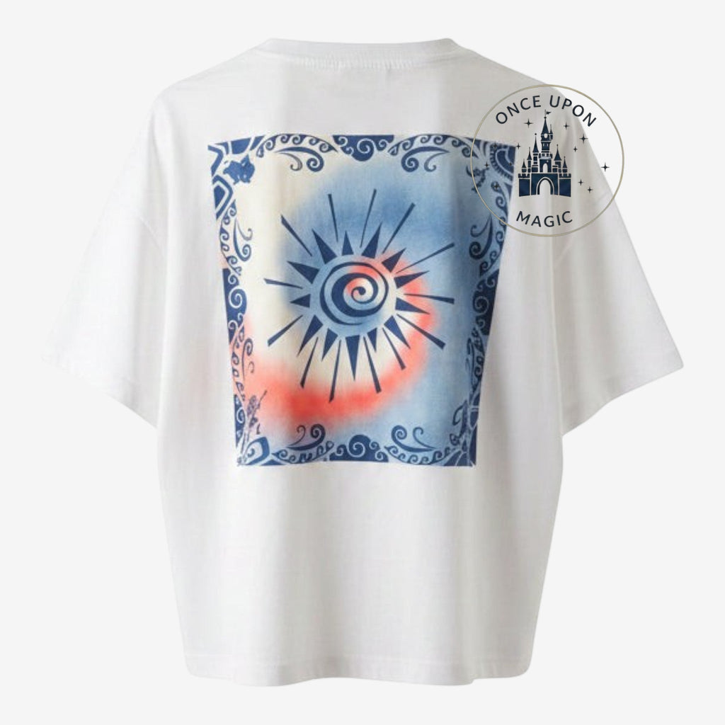 Once Upon Magic white t-shirt featuring a blue and orange Moana-inspired sun graphic on the back