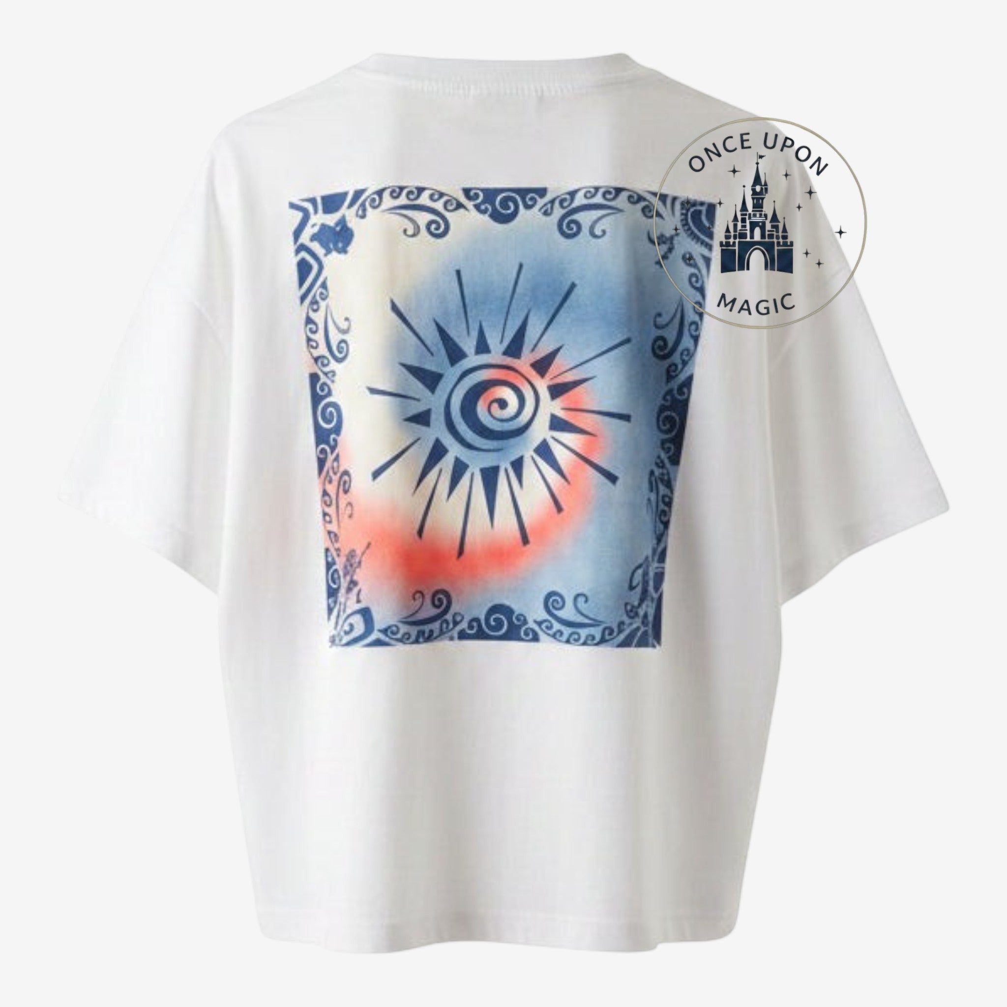 Once Upon Magic white t-shirt featuring a blue and orange Moana-inspired sun graphic on the back