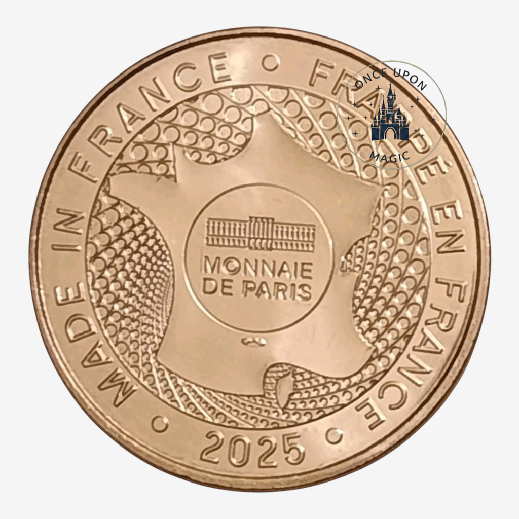 Once Upon Magic souvenir medal from Monnaie de Paris featuring a map of France and 2025 date, metallic finish.