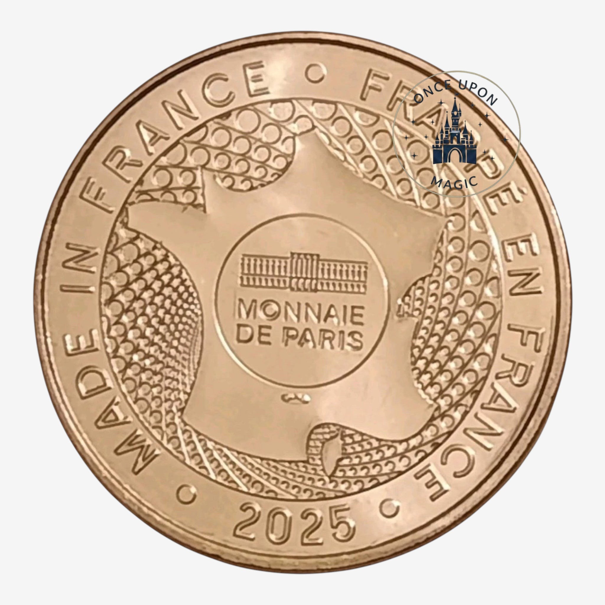 Once Upon Magic souvenir medal from Monnaie de Paris featuring a map of France and 2025 date, metallic finish.