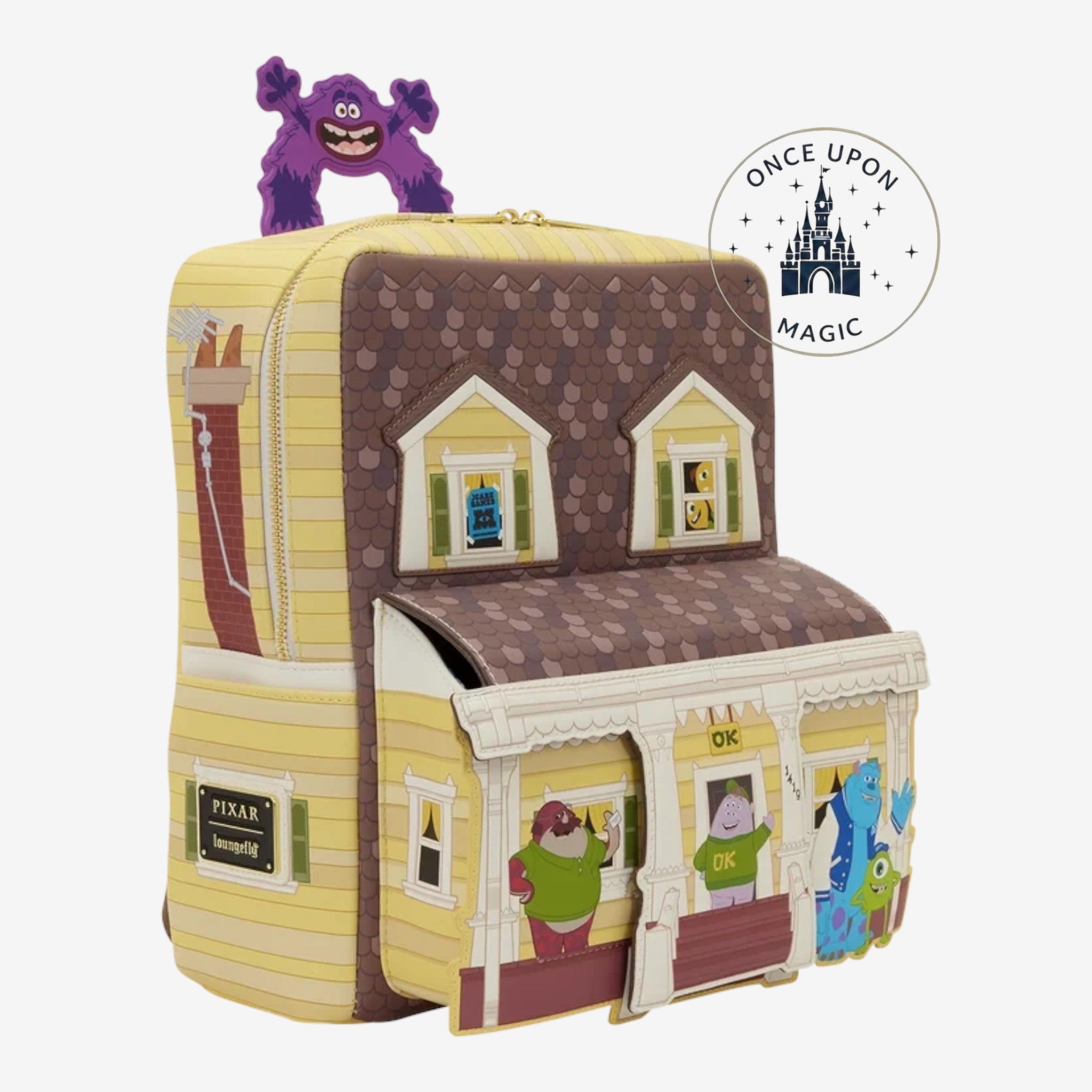 Once Upon Magic Monsters Inc. house backpack with Sulley, Mike, Randall, and other characters. Yellow house design with brown roof and chimney.