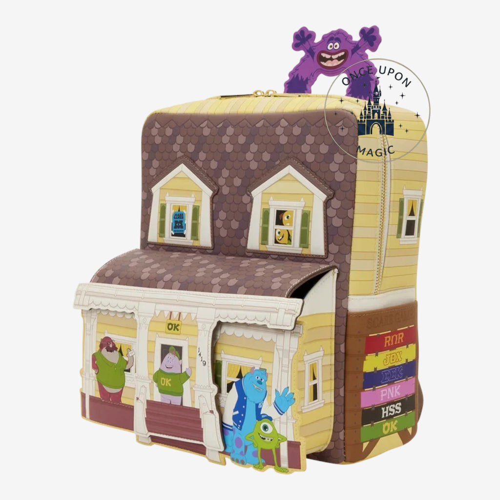 Once Upon Magic Monsters Inc. house backpack with Sulley, Mike, Randall, and other characters. Yellow vegan leather with brown roof.