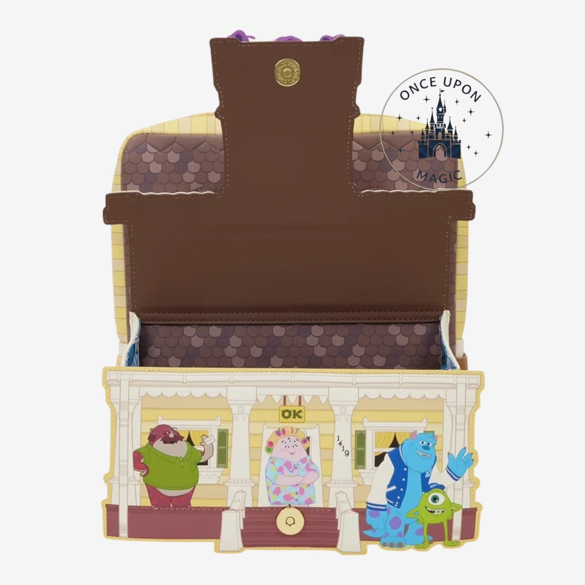 Once Upon Magic Monsters Inc. house crossbody bag with Sulley, Mike, and Randall characters. Yellow house facade with brown roof detail.