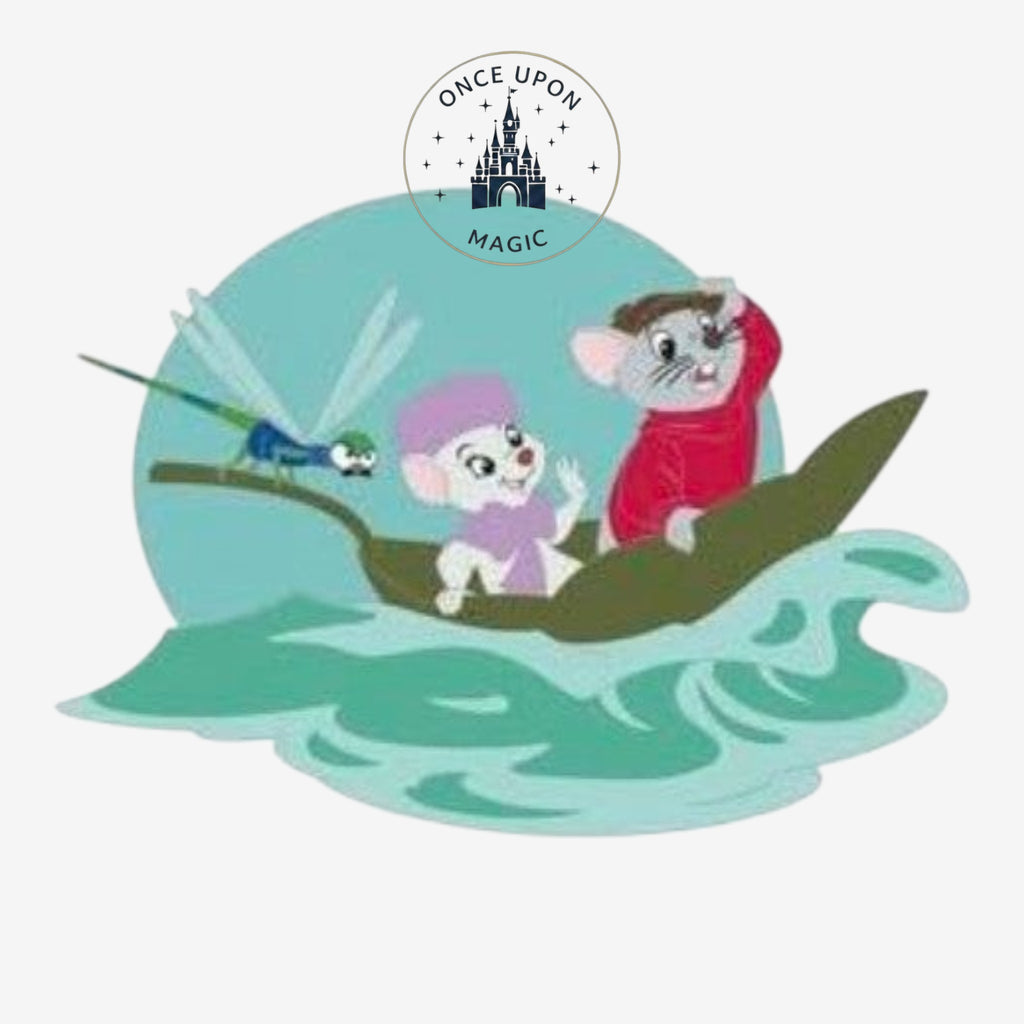 Once Upon Magic The Rescuers Mouse Boat Adventure illustration: two mice in a boat with a dragonfly. Male mouse in red sweater, female in lavender hat.
