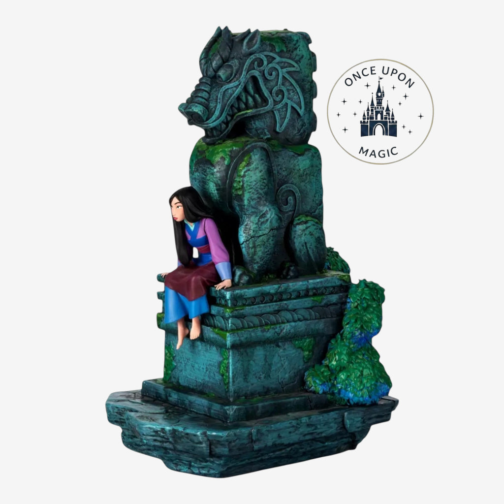 Once Upon Magic Mulan figurine with stone dragon, 25th anniversary collector's item, polyresin, teal and purple