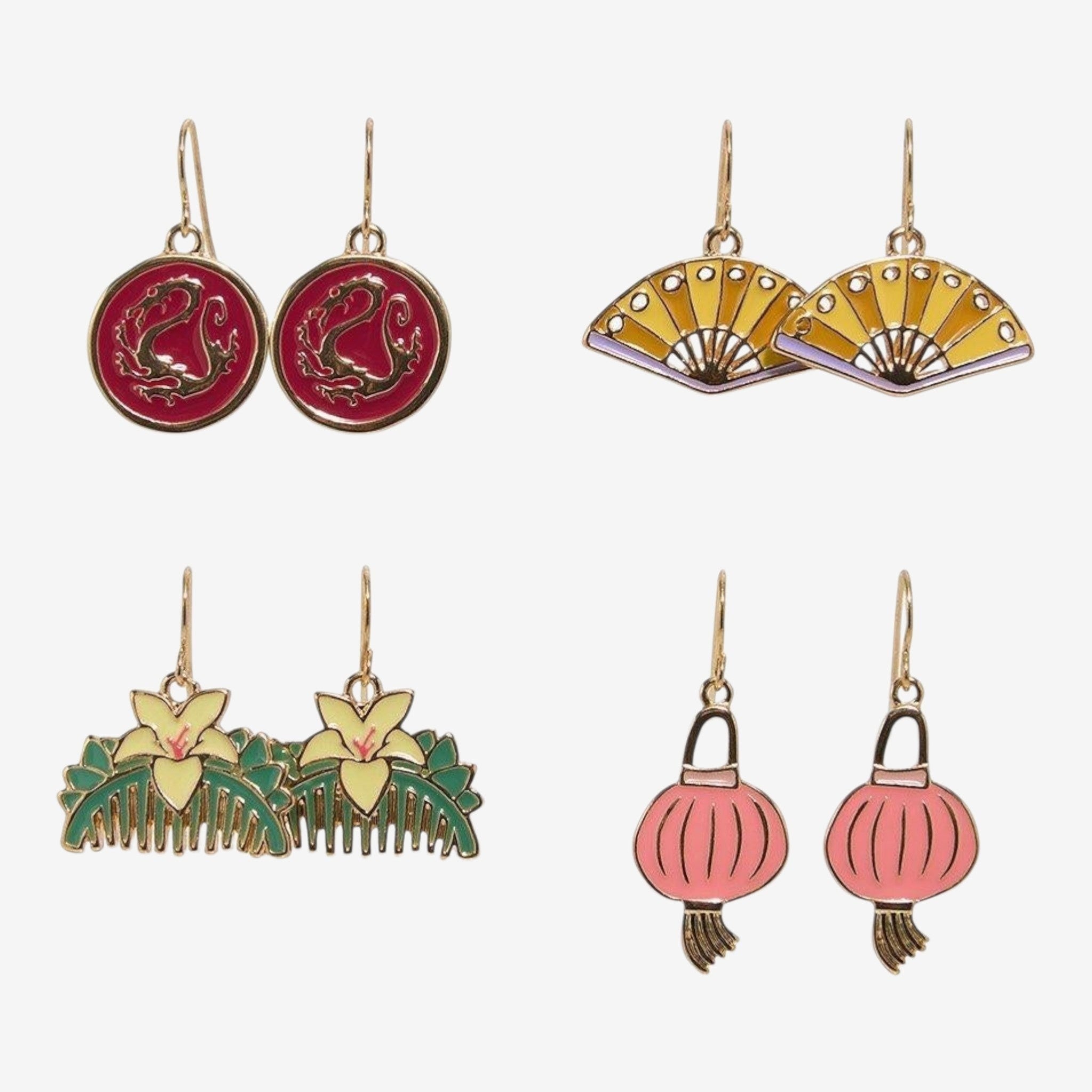 Once Upon Magic Disney Mulan Icons drop earring set with dragon, fan, barrette, and lantern charms. Nickel-free alloy.