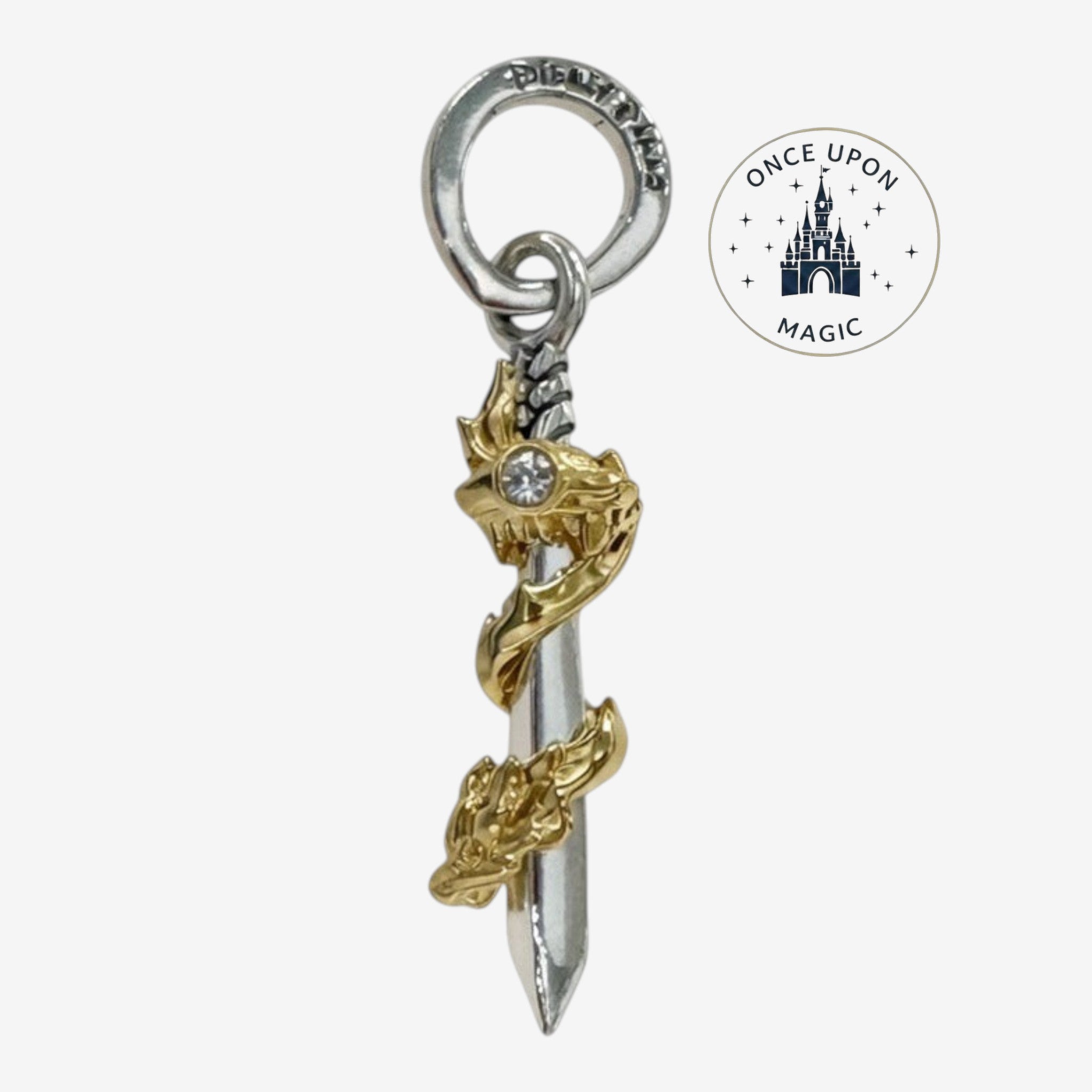 Once Upon Magic Mulan & Mushu dagger pendant with gold dragon and clear gem on silver dagger.