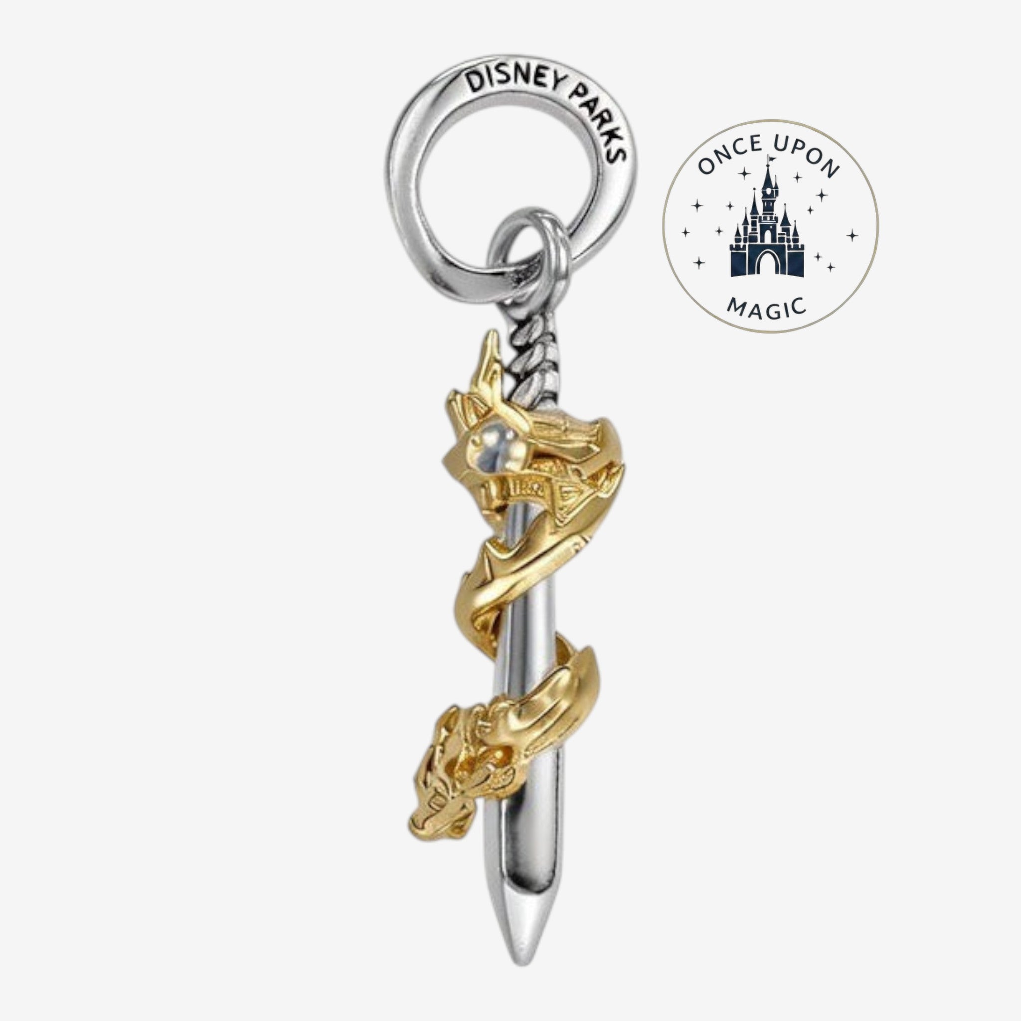 Once Upon Magic Disney Parks Mulan dagger pendant with Mushu dragon wrapped around the silver blade, featuring gold accents and a synthetic diamond.