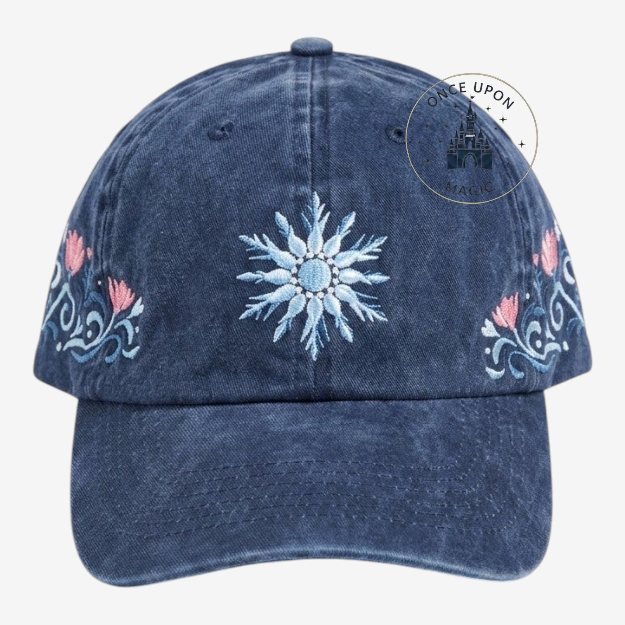 Once Upon Magic navy blue cotton baseball cap with snowflake and floral embroidery
