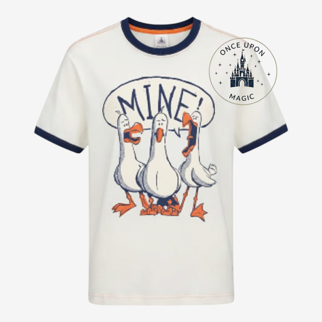 Once Upon Magic white t-shirt featuring Nemo seagulls saying Mine from Disneyland Paris Crush Coaster attraction