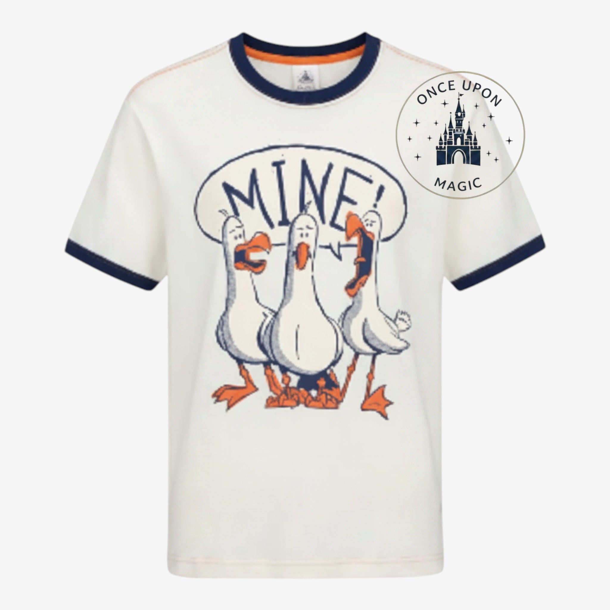 Once Upon Magic white t-shirt featuring Nemo seagulls saying Mine from Disneyland Paris Crush Coaster attraction