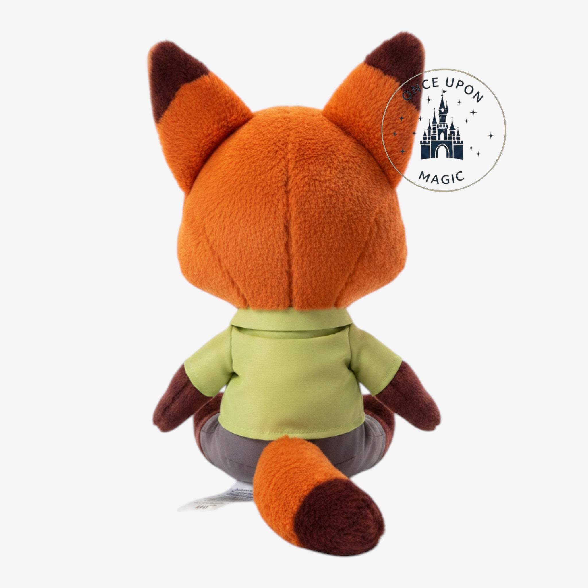 Once Upon Magic Nick Wilde plush toy from Zootopia, featuring orange fur, green shirt, and large feet, back view
