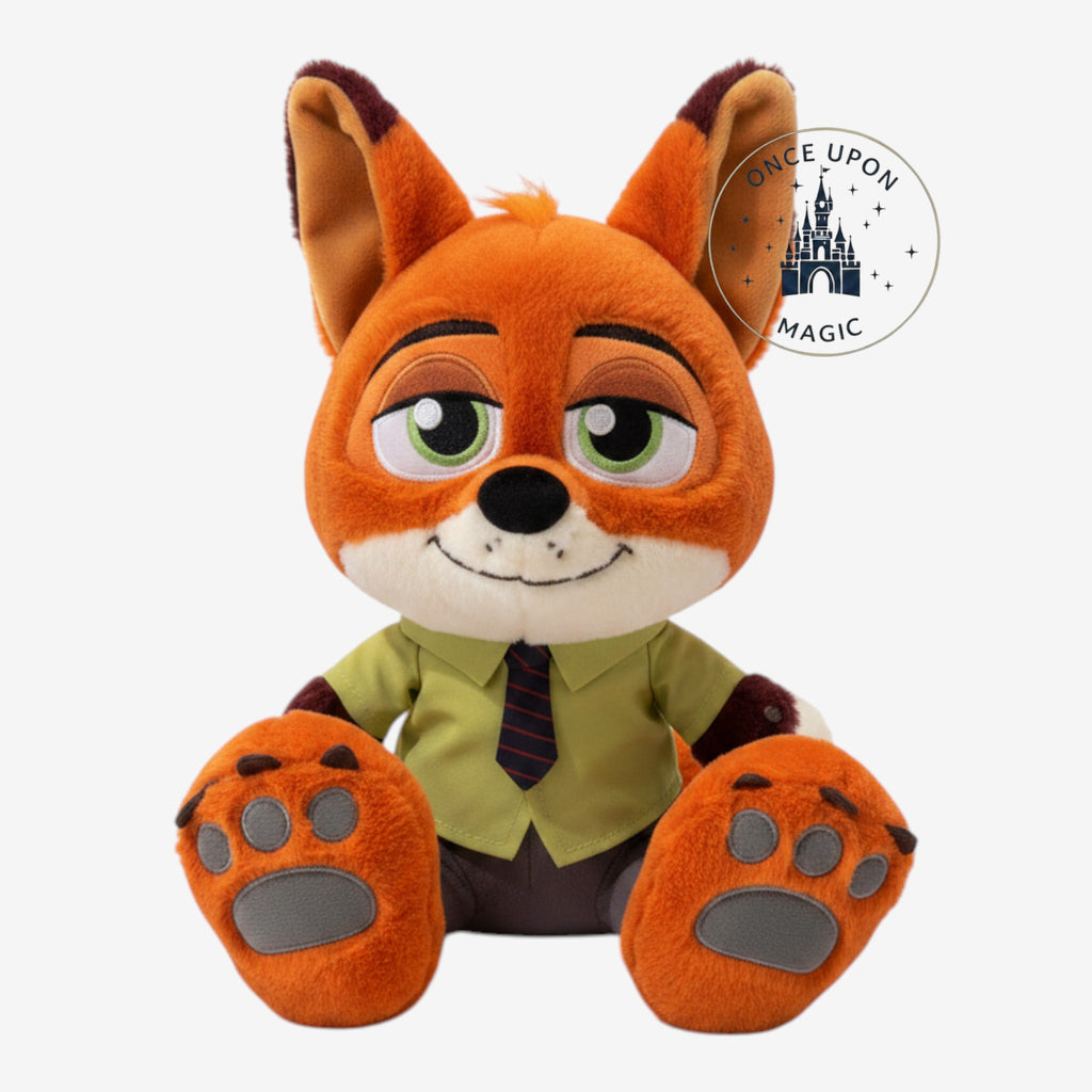 Once Upon Magic Nick Wilde plush toy with large feet, wearing a green shirt and striped tie.