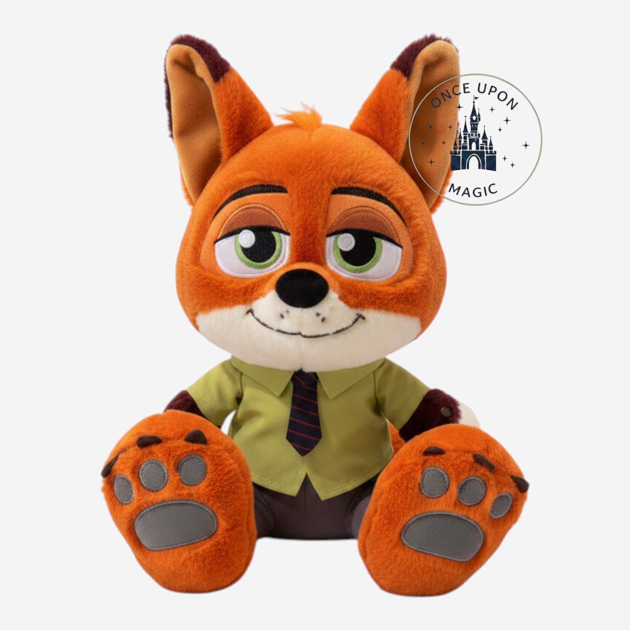 Once Upon Magic Nick Wilde plush toy with large feet, wearing a green shirt and striped tie.