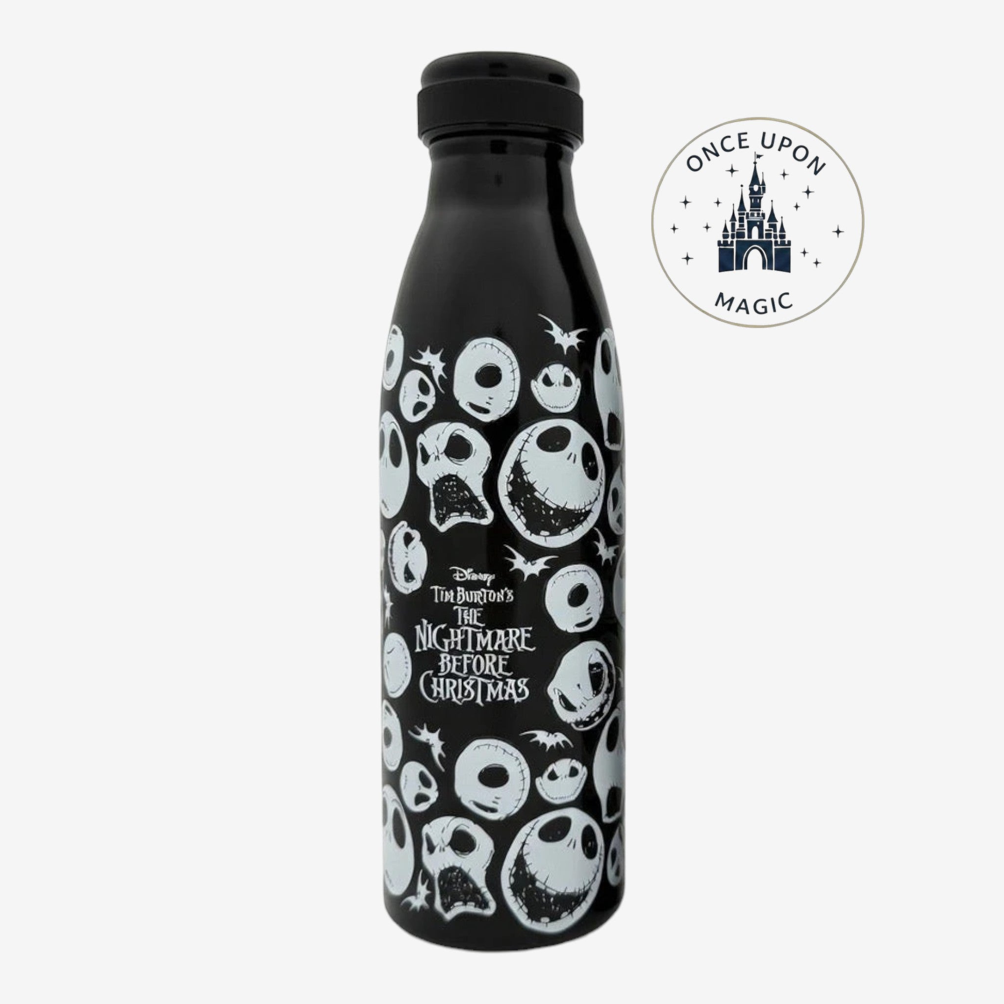 Once Upon Magic Nightmare Before Christmas collector water bottle with Jack Skellington pattern in black and white