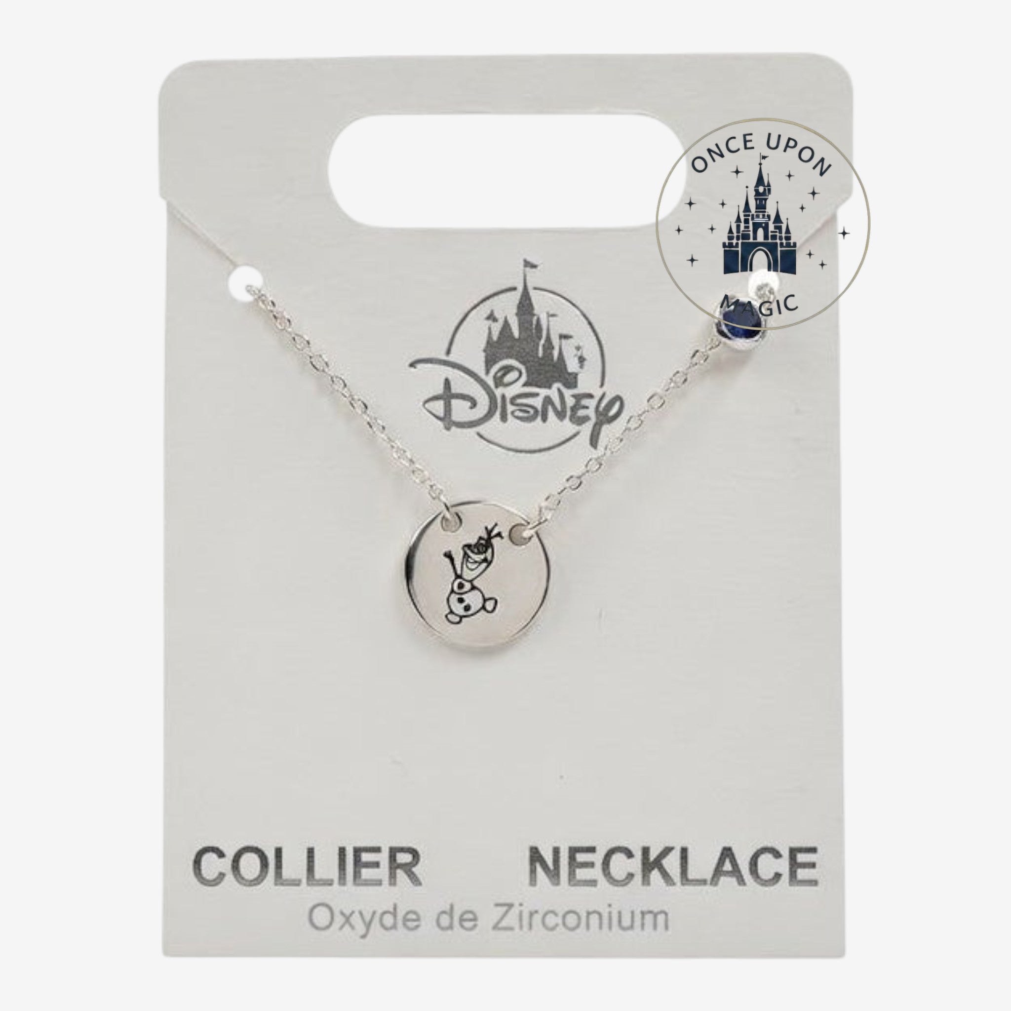 Once Upon Magic silver-tone Disney Olaf necklace with a round engraved pendant and a blue cubic zirconia crystal.